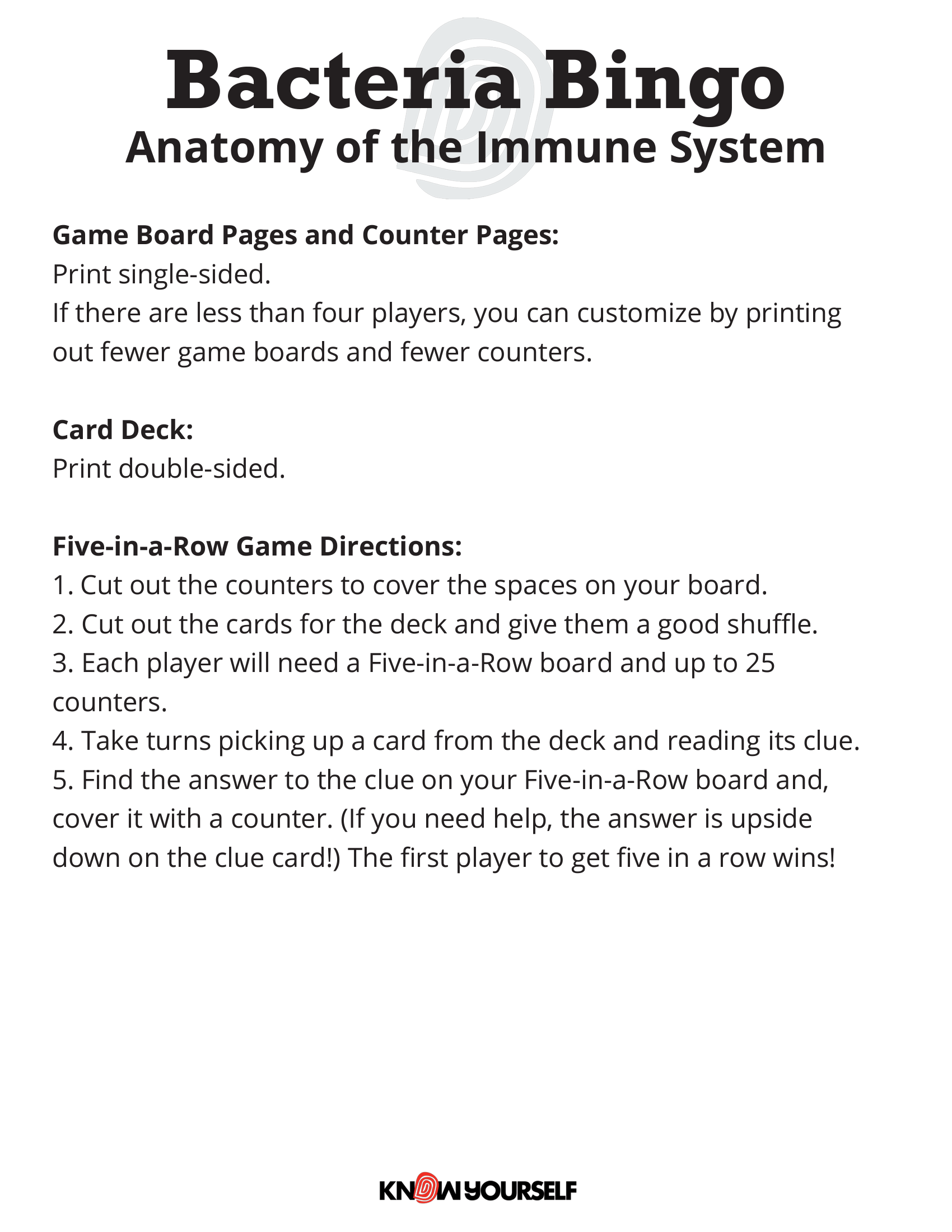 Immune System Bingo Activity Health Education for Children