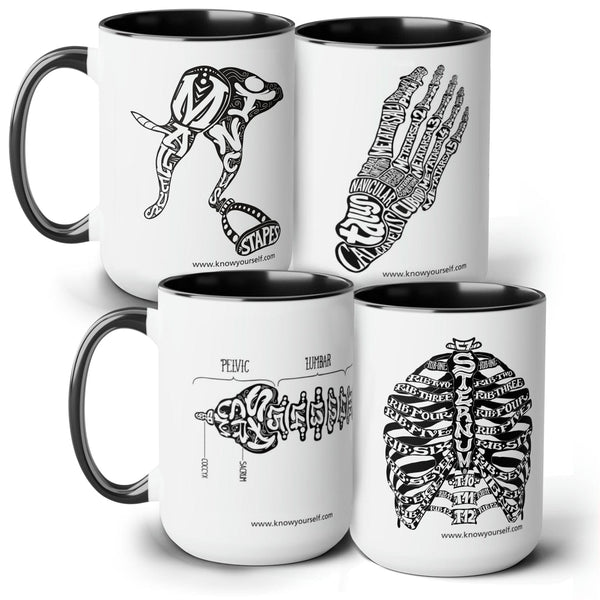 Black Anatomy Mugs - Ear, Foot, Spine, and Ribs Educational Set