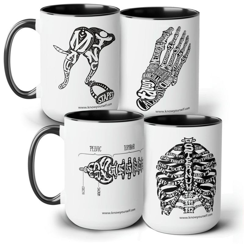 Black Anatomy Mugs - Ear, Foot, Spine, and Ribs Educational Set